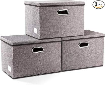 PRANDOM Large Collapsible Storage Bins with Lids [3-Pack] Linen/Cotton Blend Foldable Storage Boxes Organizer Containers Baskets Cube with Cover for Home Bedroom Closet Office Nursery(17.7x11.8x11.8)