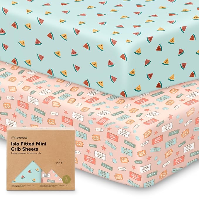 Pack and Play Sheets Fitted - 2-Pack Mini Crib Sheets for Pack N Play Mattress 38x26, Soft & Cozy, Neutral Toddler Playard Bedding, Snug Fitted Mini Baby Crib Mattress Cover Boy, Girl (Beach Day)