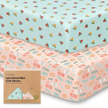 Pack and Play Sheets Fitted - 2-Pack Mini Crib Sheets for Pack N Play Mattress 38x26, Soft & Cozy, Neutral Toddler Playard Bedding, Snug Fitted Mini Baby Crib Mattress Cover Boy, Girl (Beach Day)
