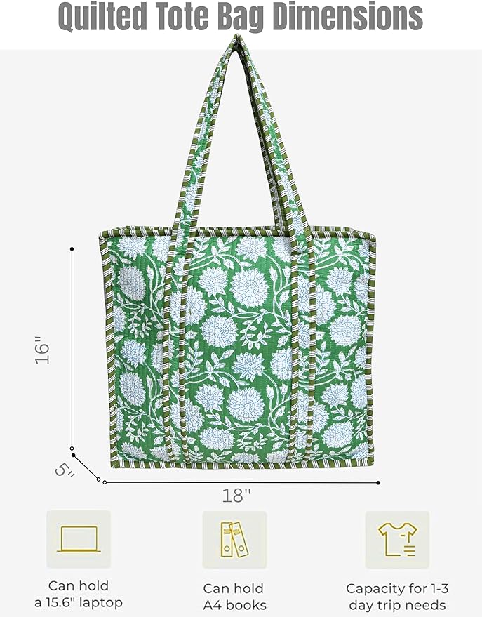 Cotton Quilted Tote Bag for Women – Large Beach & Travel Tote with Zipper, Reusable Grocery Bag