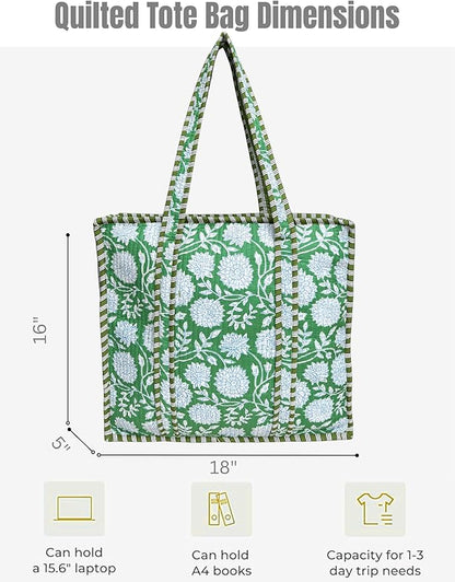 Cotton Quilted Tote Bag for Women – Large Beach & Travel Tote with Zipper, Reusable Grocery Bag