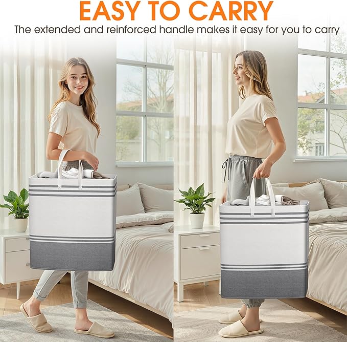 2 Pack Large Home Laundry Basket, Laundry Hamper, Freestanding Waterproof Dirty Clothes Bag, Tall Clothes Hamper - Extended & Reinforced Handles for College Dorm, Family (Light Grey/100L)