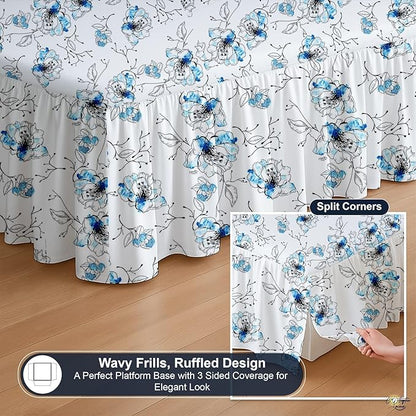 Cottington Lane Ruffled Bed Skirt Queen Size with Split Corner, Brushed Microfiber Hotel Quality Dust Ruffle, 21 Inch Drop Gathered Bedskirt, Soft, Stylish, Shrink & Fade Resistant, Blue Blossom