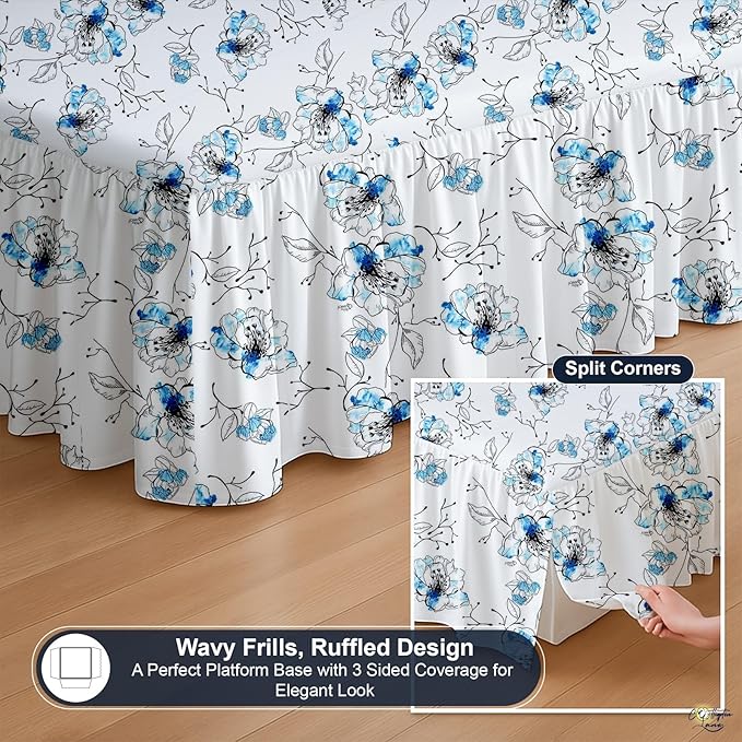 Cottington Lane Ruffled Bed Skirt King Size with Split Corner, Brushed Microfiber Hotel Quality Dust Ruffle, 16 Inch Drop Gathered Bedskirt, Soft, Stylish, Shrink & Fade Resistant, Blue Blossom