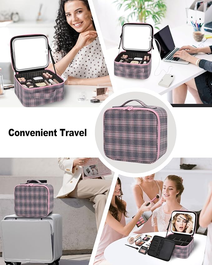 Makeup Bag With LED Mirror, Travel Makeup Case with Light up Mirror Large Cosmetic Case with 3 Color Lighted Portable Organizer Bag with Adjustable Dividers(Pink/Grey Stripes-Canvas, Small)