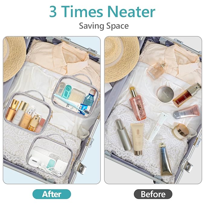 PACKISM TSA Approved Toiletry Bag - 3 Pack Ruched Textured Clear Makeup Bag, Metallic Silver, with 180° Large Opening and Supporting Frame, Perfect for Travel Essentials, Thick No Smell