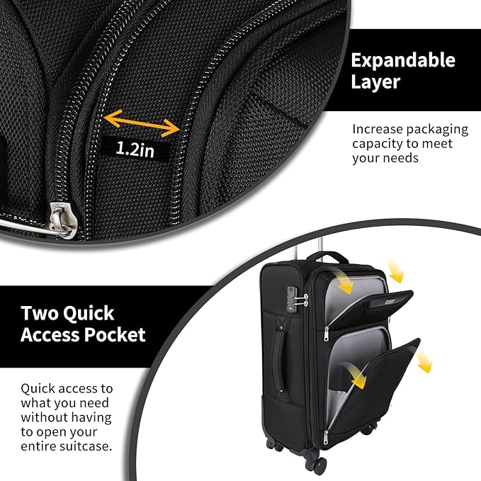 3-Piece Softside Expandable Luggage Set with Front Open Pocket, Lightweight and Durable Oxford Fabric Suitcase Set with TSA Lock (Black, 20in/24in/28in)