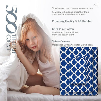 Mayfair Linen 100% Cotton Printed California King Cotton Sheets - 4 PC Cal King Size Bed Sheet Set Cotton (Quatrefoil Navy), Soft, Cooling, Sateen Weave 16" Deep Pocket Bedsheet (Fits 18" Mattress)
