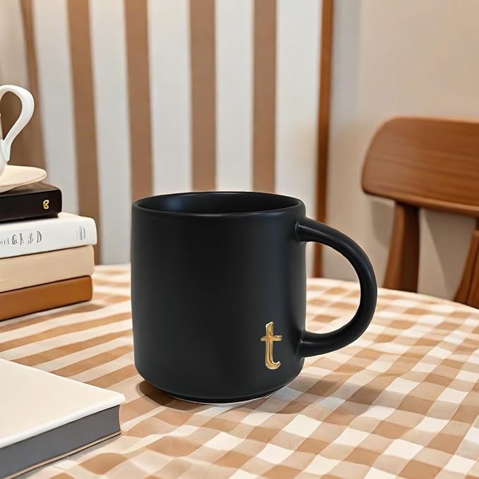 COLLECTIVE HOME Black Ceramic Coffee Mug, 15 oz Golden Monogram Tea Cup |