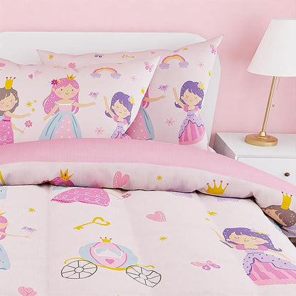 SANDJEST Princess Comforter Set Twin Size 68x86in for Kids Girls, Microfiber 3 Pcs Bedding Set Includes 1 Comforter, 1 Pillowcase, 1 Fitted Sheet, Nursery Room Decor