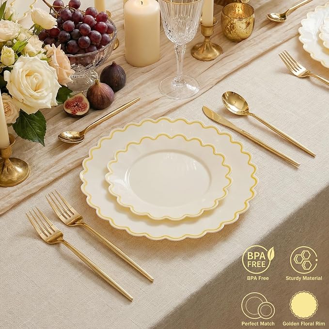 LIYH 100 Pcs Heavy Duty Ivory Gold Plastic Plates