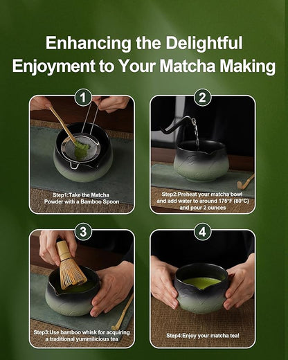 ZENS Matcha Whisk Set, 7pcs Matcha Kit Set with Ceramic Bowl and Matcha Cup, Bamboo Whisk & (Chasen Holder) Sifter, Scoop -Tea Towel, Japanese Chawan for Matcha-Making, Sage Green