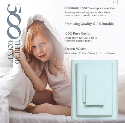 Mayfair Linen 100% Cotton Bed Sheets Queen Set - 500 Thread Count Cotton Sheets for Queen Size Bed, 4 PC Set (Sea Foam), Ultra Soft, Cooling, Sateen Weave 16" Deep Pocket Bedsheet for Hot Sleepers
