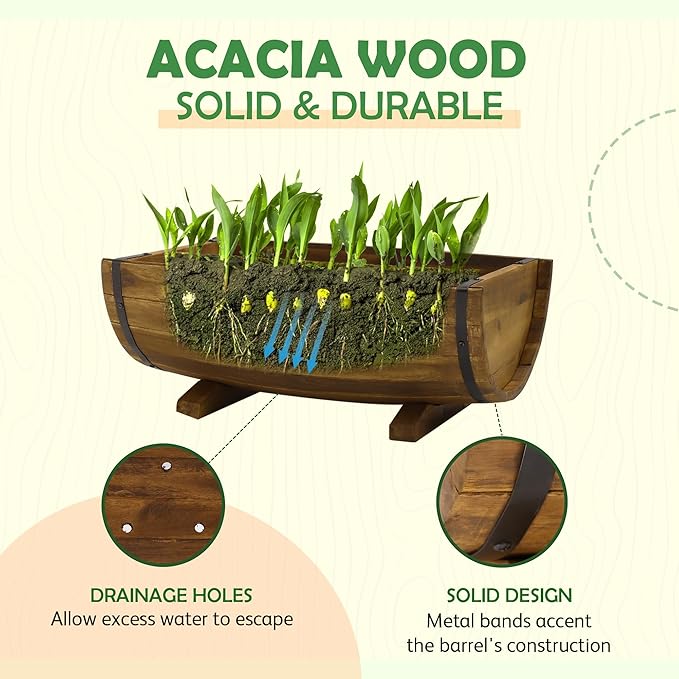 IDZO Solid Acacia Wood Half Barrel Planters Outdoor Set of 2 Different Sizes