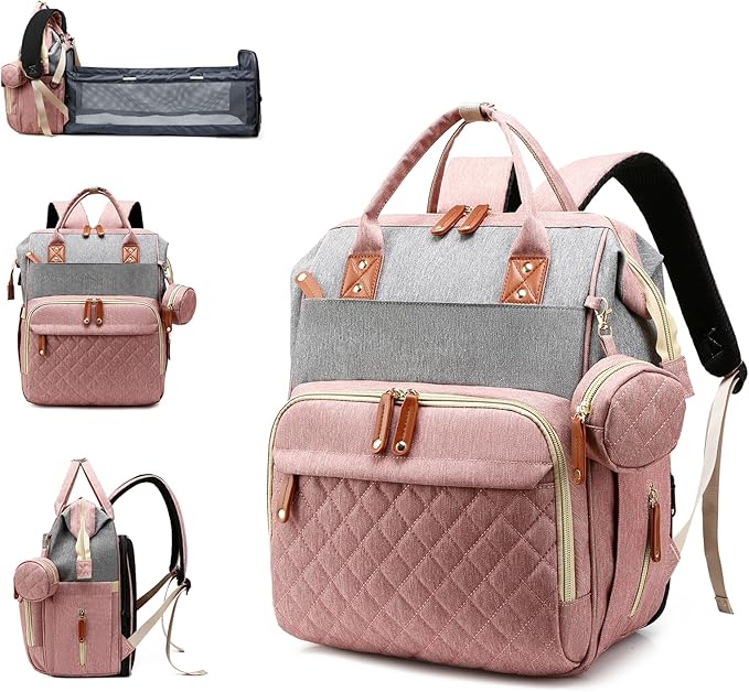 Diaper Bag with Changing Station, Waterproof 3 in 1 Baby Diaper Backpack with Foldable Changing Pad, Pink-Grey