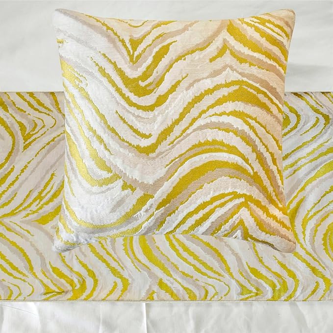 The HomeCentric King/Queen/Twin Yellow & Grey Decorative Bed Runner King 90"x18" Bed Runner with One Pillow Cover, Abstract Wave Pattern Bed Scarf on Jacquard Fabric - Yellow Whirls