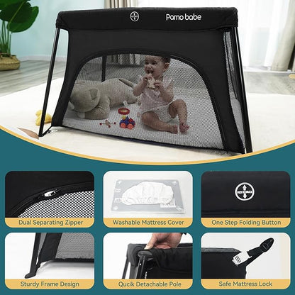 Pamo Babe Travel Crib Lightweight Baby Playard with Mattress Compact Play Yard with Detachable Legs
