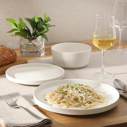 Gibson Home Dempsey Road 12-Piece Stoneware Dinnerware Set – Service for 4, Round White Plates and Bowls, Durable Solid Color Modern Embossed Dish Set, Microwave & Dishwasher Safe