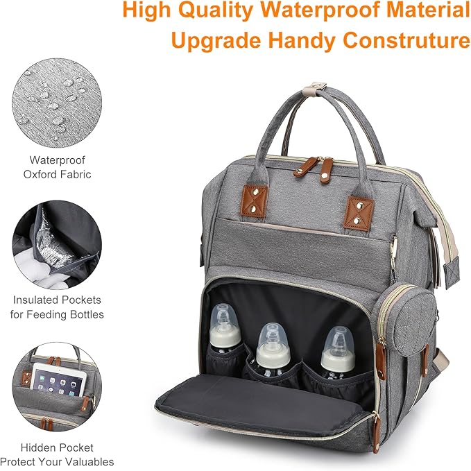 Diaper Bag with Changing Station, Waterproof 3 in 1 Baby Diaper Backpack with Foldable Changing Pad, Large Travel Back Pack for Baby Girl Boy, Grey
