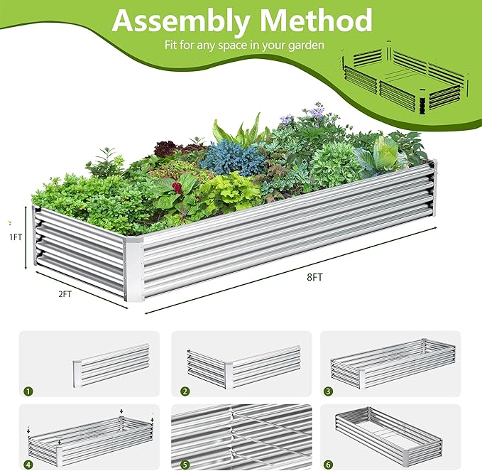 2PCS 8x2x1FT Galvanized Raised Garden Bed, Galvanized Planter Raised Garden