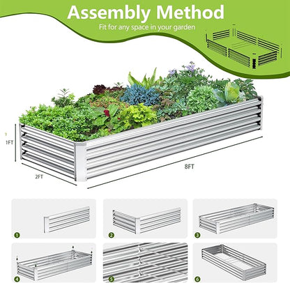 2PCS 8x2x1FT Galvanized Raised Garden Bed, Galvanized Planter Raised Garden