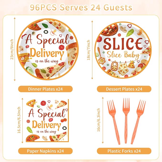 96 Pcs Special Delivery Pizza Baby Shower Decorations, Tableware Set | Includes
