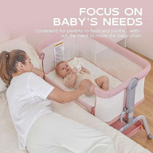 BabyBond Baby Bassinet, 3 in 1 Bassinet Bedside Sleeper with Washable Soft Mattress and Sheet, 6 Height Adjustable Bedside Crib, 4-Sided Mesh Bedside Bassinet for Baby