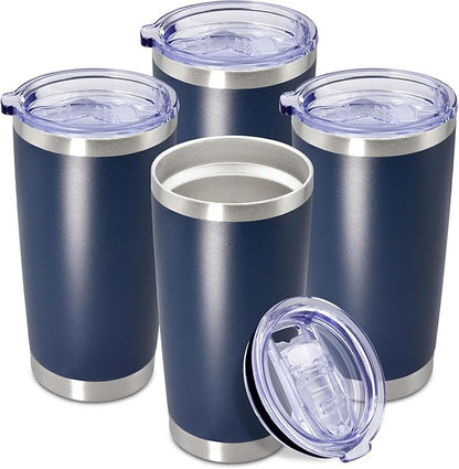 20 oz Tumbler Coffee Tavel Tumblers Bulk with Lid Stainless Steel Double Wall Vacuum Insulated Mug Powder Coated Cups fit Car Cupholder for Hot and Cold - Navy, 4Pack