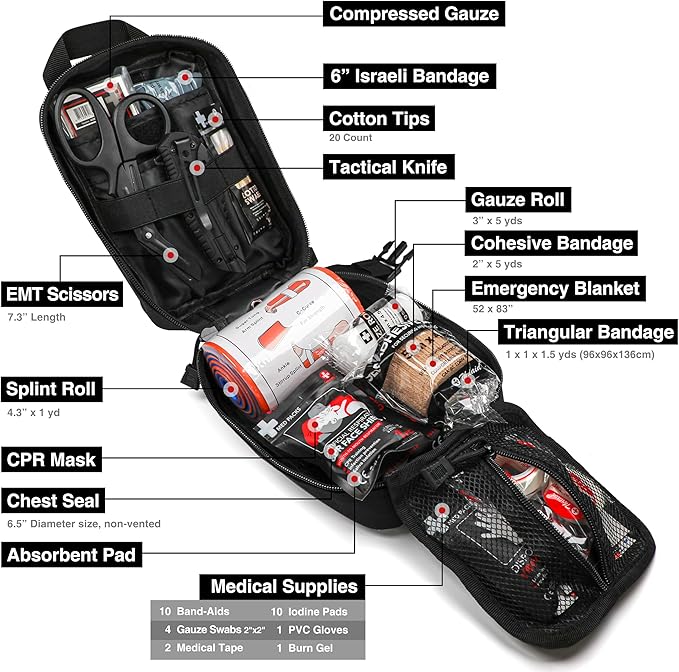 Survival First Aid Kit with Israeli Bandage, Splint, Chest Seal, Tactical Military Combat Molle IFAK for Wound Care, Bleeding Control, Trauma Hemorrhage and More