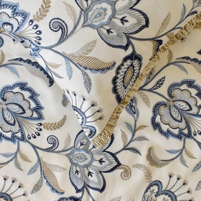 The HomeCentric King/Queen/Twin Blue Designer King 90"x18" Bed Runner with 2 Pillow Cover, Floral, Embroidered, Jute Lace & Lace Bed Scarf on Cotton Fabric - Morning Glories