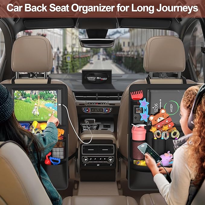 Backseat Car Organizer with Touch Screen,Kick Mats Back Seat Protector with 10 Storage Pockets,Car Seat Back Organizers Storage for Snacks Drinks Toy Umbrellas for Kids Road Trip