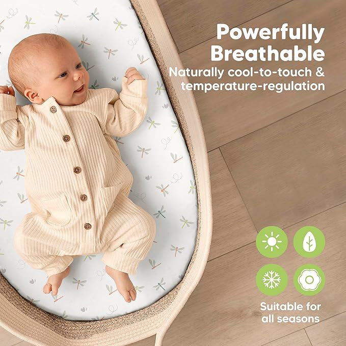 2-Pack Baby Bassinet Sheets Girl, Boy - 33x17 Viscose Derived from Bamboo Bedside Mattress Fitted Bassinet Sheets, Compatible with Halo Bassinest Swivel Sleeper, Baby Delight, Graco (Meadow)