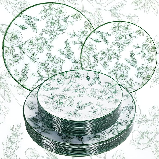 60PCS Green Floral Plastic Plates