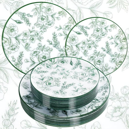 60PCS Green Floral Plastic Plates