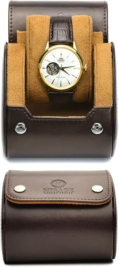 Single Watch Case Travel Box - Watch Travel Case for Men – Single Watch Roll - Espresso Brown Swiss Motif Vegan Leather