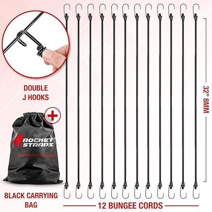 Ultimate Outdoor Bungee Cord Assortment - Heavy Duty Set of 12 Bungee Cords Double-J Hooks - Elastic Straps for Camping, Securing, and DIY (12pc - 32" Double J Hooks)