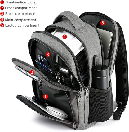 School Backpack for College Students & Teens - 15.6 Inch Laptop Backpack with USB Charging Port, Ergonomic Shoulder Straps, Water Resistant Travel Bookbag for Men, Women - Grey