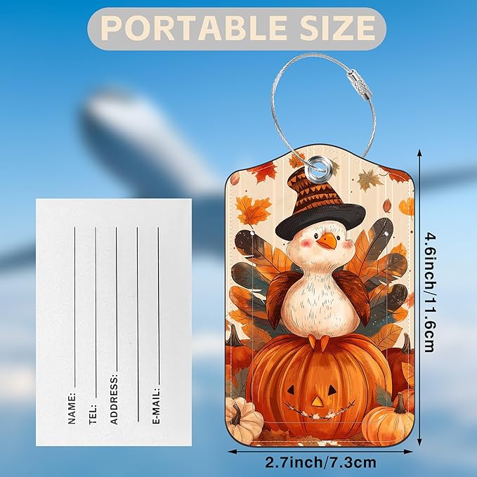 2 Pcs Cartoon Turkey and Pumpkin Luggage Tags for Suitcases Autumn PU Leather Baggage Tags Name ID Label with Privacy Cover and Stainless Steel Loop for Men Women Travel Bag Suitcase