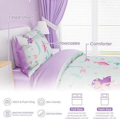 SANDJEST Mermaid Comforter Set Full Size 98x86in for Kids Girls, Microfiber 4 Pcs Bedding Set Includes 1 Comforter, 2 Pillowcases, 1 Fitted Sheet, Nursery Room Decor