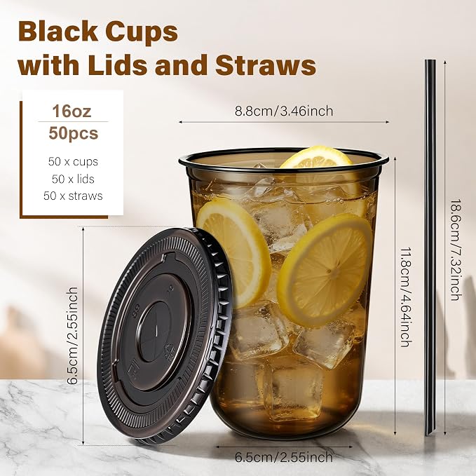 KesaPlan 50 Pack 16 oz Black Plastic Party Cups