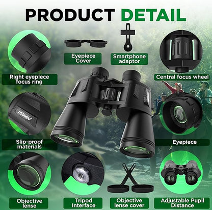 Binoculars with Smart Phone Bracket Adapter, Militar, 20x50, Adults, Bird Watching, High Power Waterproof with Low Light Night Vision for Hunting, Travel, Games, Carrying Case Strap.