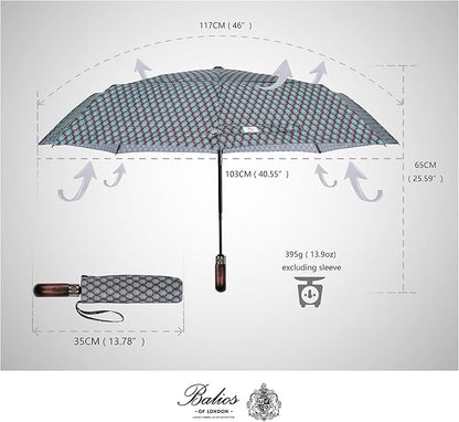 Balios Travel Folding Umbrella with Real Wood Handle Auto Open Close Vented Windproof Canopy - Designed in UK