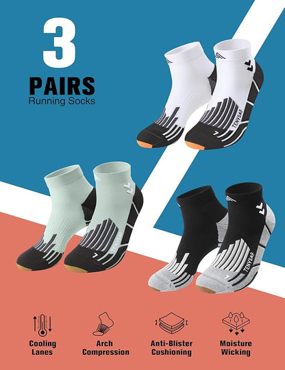 Compression Sport Running Socks: Athletic Socks for Men Women with Cushion,3 Pairs Work Hiking Basketball Ankle Socks