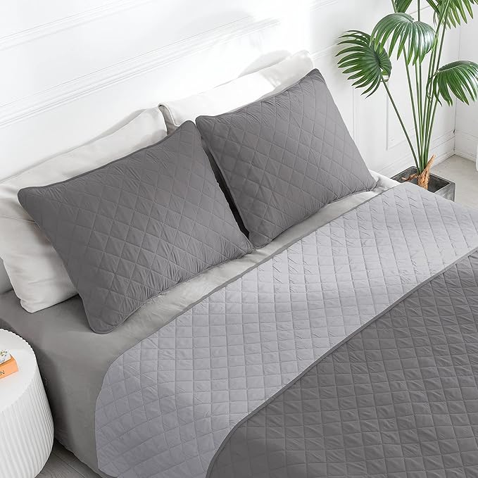 Easy-Going Twin Size Reversible Quilt Set with 1 Quilt and 1 Pillow Shams, Soft Bed Quilt Cover, Water Resistant Lightweight Microfiber Bedspread, Stain Resistant, Gray/Light Gray