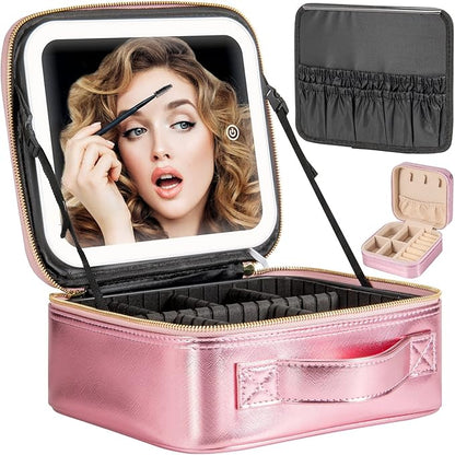 Makeup Travel Train Case with Mirror LED Light 3 Adjustable Brightness Large Cosmetic Bag Portable Storage Adjustable Partition Waterproof Makeup Brushes Make up Jewelry Gift for Women