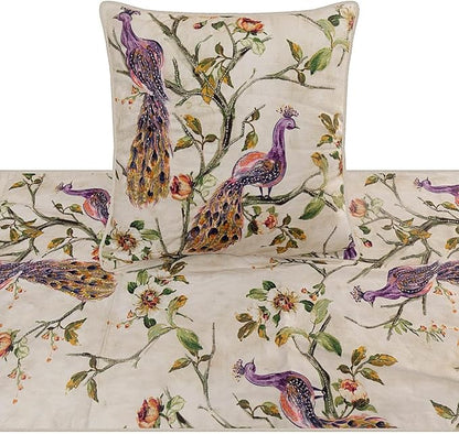 The HomeCentric King Queen Twin Ivory & Multicolor Decorative CA King 86"x18" Bed Runner Without Pillow Cover, Peacock Bed Scarf on Cotton Printed with Beads Fabric - Peacock Queen