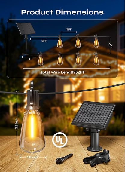 Brightown 52FT Solar String Lights Outdoor Waterproof, Patio Lights