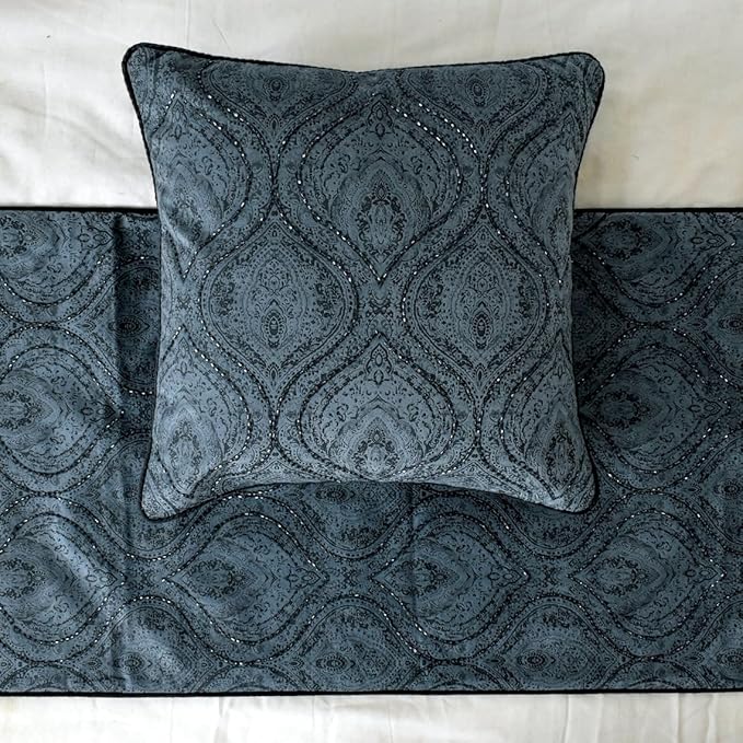 The HomeCentric King/Queen/Twin Gray Decorative CA King 86"x18" Bed Runner Without Pillow Cover, Damask, Victorian & Bead Embroidery Bed Scarf on Suede Fabric - Beatrice