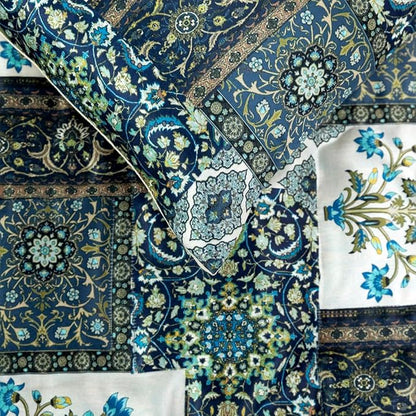 The HomeCentric King/Queen/Twin Blue Designer Full 68"x18" Bed Runner with 2 Pillow Cover, Perrsian Pattern & Quilted Bed Scarf on Satin Fabric - Bahar