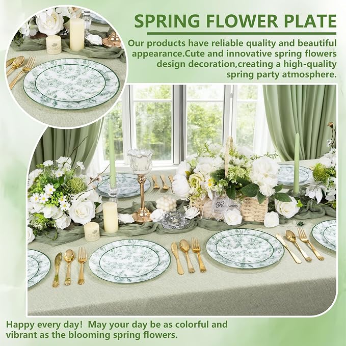 60PCS Green Floral Plastic Plates